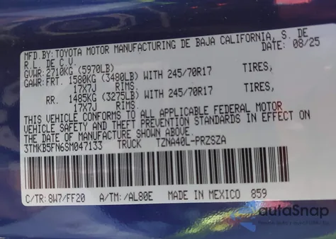 2025 Toyota Tacoma Sr5 из США, поврежденный, VIN 3TMKB5FN6SM047133